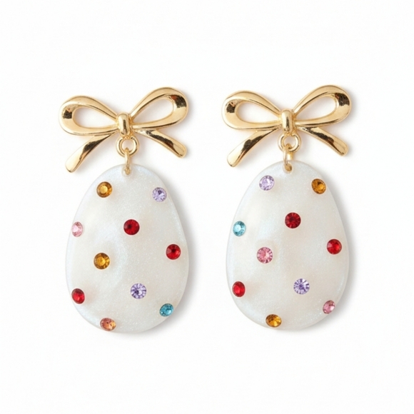 PARPARAWAY Jewelry - 🆕️ Easter Shimmery Gold Bow and Gemstone Egg Earrings Large  NWOT